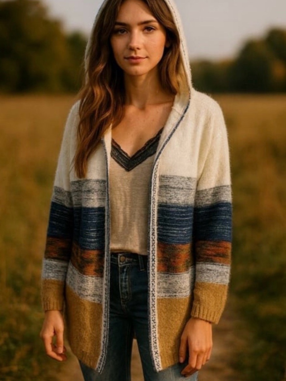 FATE Sienna Cardigan Sweater Womens S Hooded Open Front Boho Colorblock Earthy